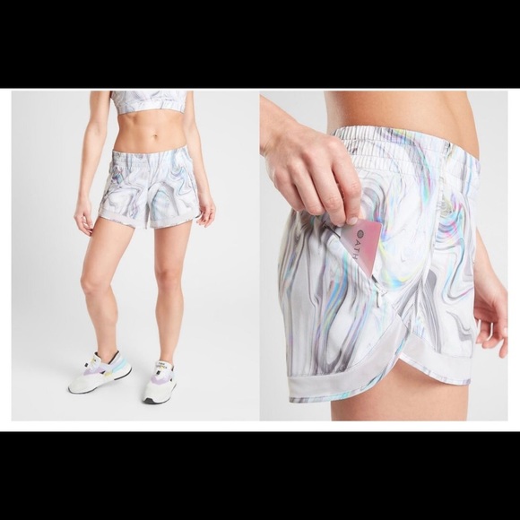 NEW Athleta Blue Printed Mesh Racer Run Short - Picture 2 of 6